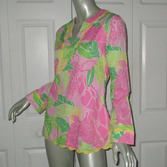 LILLY PULITZER Pink & Green Print Long Sleeve Top Scallop Details - Picture 3 of 7